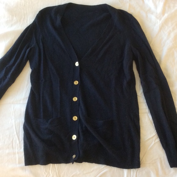 Navy Wool Boyfriend Cardigan with Gold Buttons