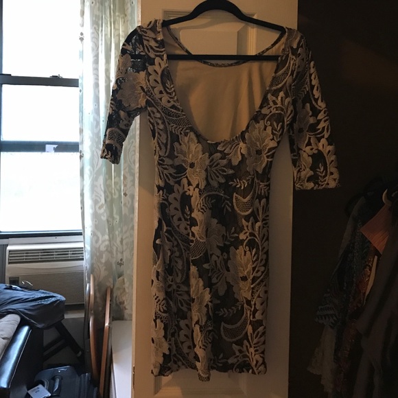 Floral Black and Tan Dip Back Dress - Picture 2 of 4