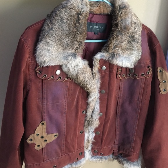 Burgundy Jean jacket with fur lined collar and sleeves_1 - Picture 1 of 4