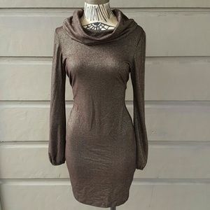 Bronze Shimmer Cowl neck bell sleeve mini dress