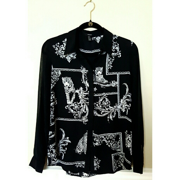 NWOT Sheer Tiger Print Black Collared Shirt