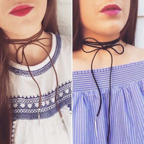 "Sadie" Necklace || Brown Faux-Suede Tie-Up Choker - Picture 4 of 6