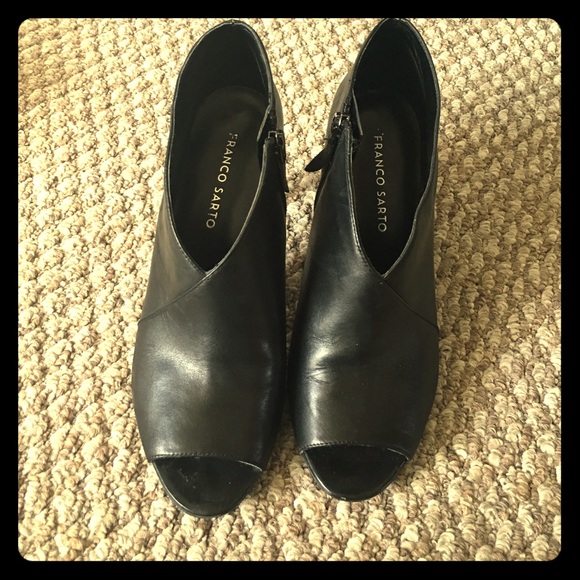 Black leather peep toe booties