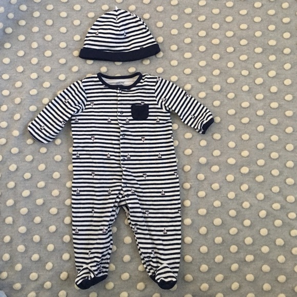 One piece snap on footie with hat