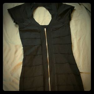 Black, cap sleeve mini dress. Zip front.