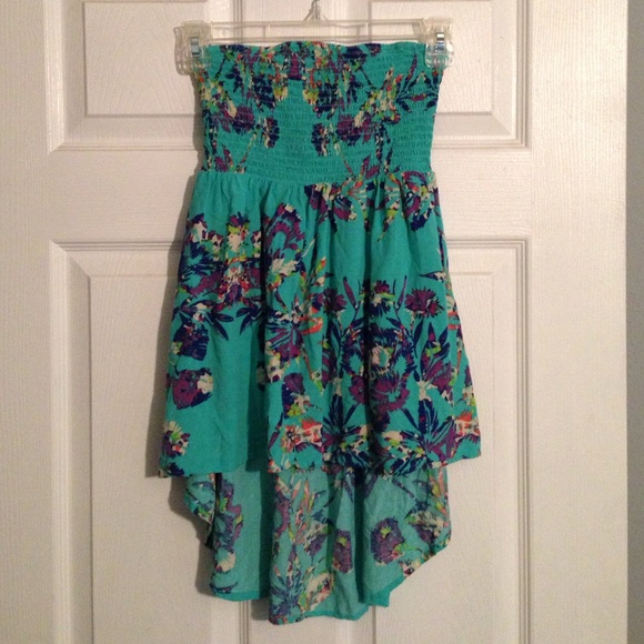 Teal and Floral Print Strapless Top