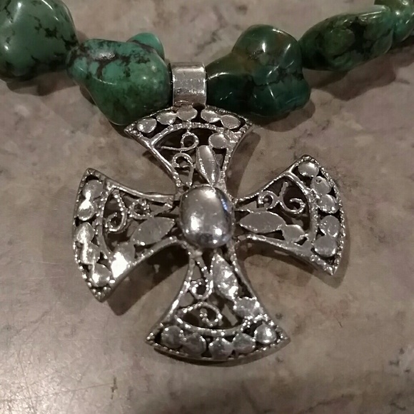 💜 BEADED TURQUOISE NECKLACE STERLING SILVER CROSS - Picture 3 of 5