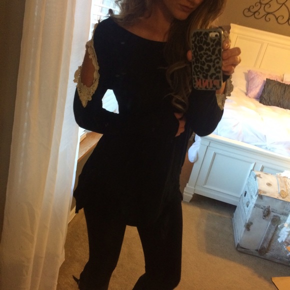 Black long shirt with lace sleeve cutouts