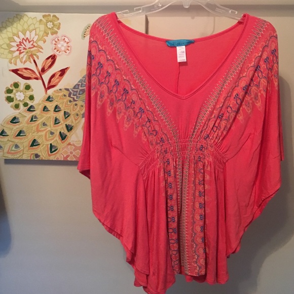 Salmon colored kimono style top with fitted waist