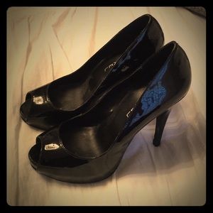 Peep-toe patent leather stilettos