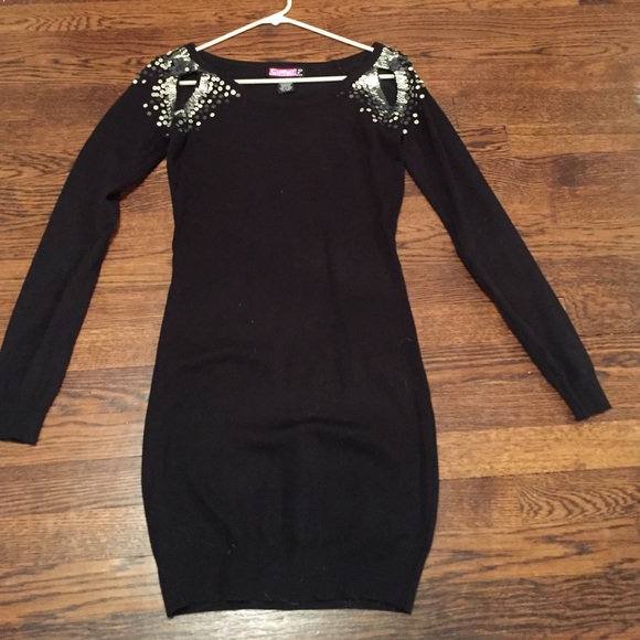 Sequin embellished long sleeve black dress