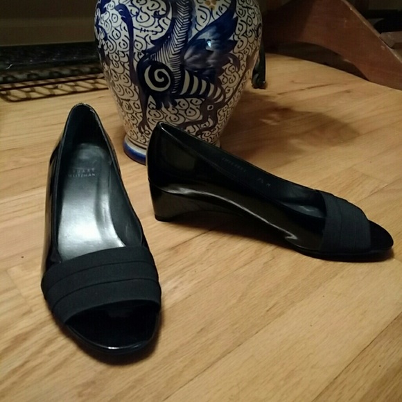Black Patent and Fabric Open Toe Wedge Pump