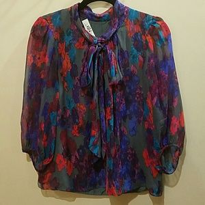 Gray floral patterned Tibi silk 3/4 sleeve blouse