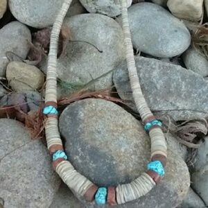Big Turquoise Coral Silver Heishi Necklace