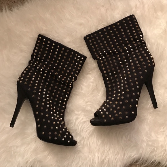 Black open toe booties with gold spiked studs