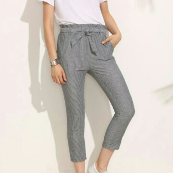 Grey striped tie waist pants