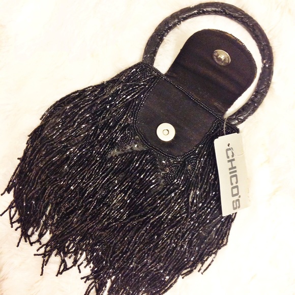 💕NWT CHICOS Black Beaded Fringe Bag💕 - Picture 2 of 2