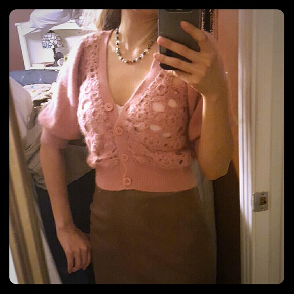 MNG mango dusty rose angora crochet cropped cardy