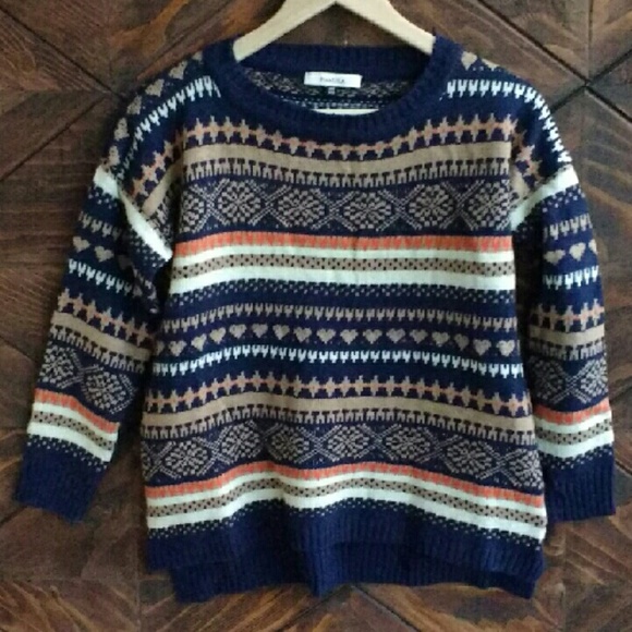 Blue Orange Knit Heart Winter Striped Sweater - Picture 5 of 6