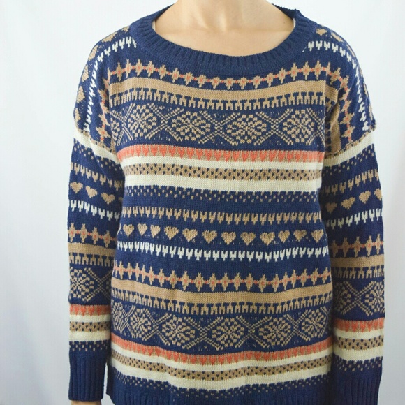 Blue Orange Knit Heart Winter Striped Sweater - Picture 2 of 6