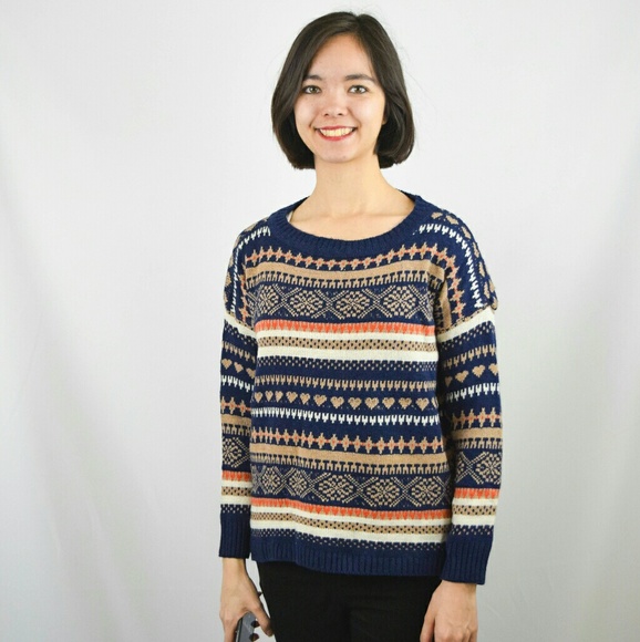 Blue Orange Knit Heart Winter Striped Sweater - Picture 3 of 6