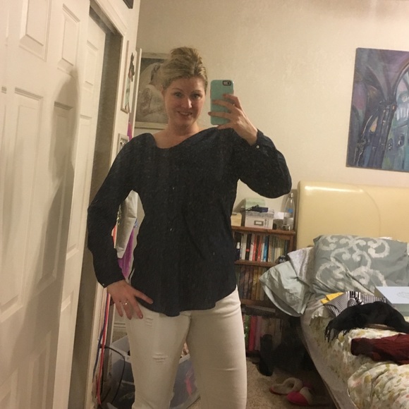 Navy cowl blouse with beautiful sleeve details