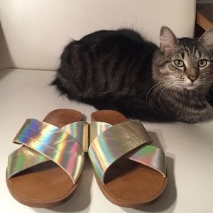 Gold metallic criss cross sandals