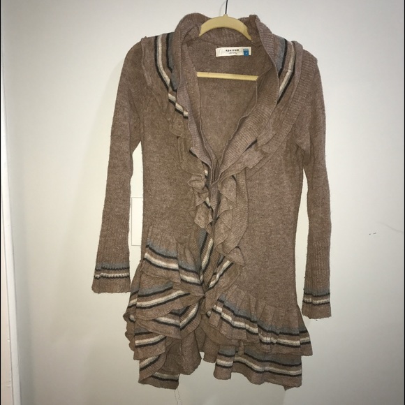 Anthropologie Taupe Ruffled Cardigan Sweater