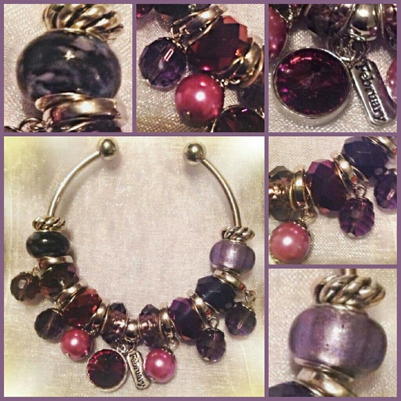 Feb birthstone Murano bead charm cuff bracelet
