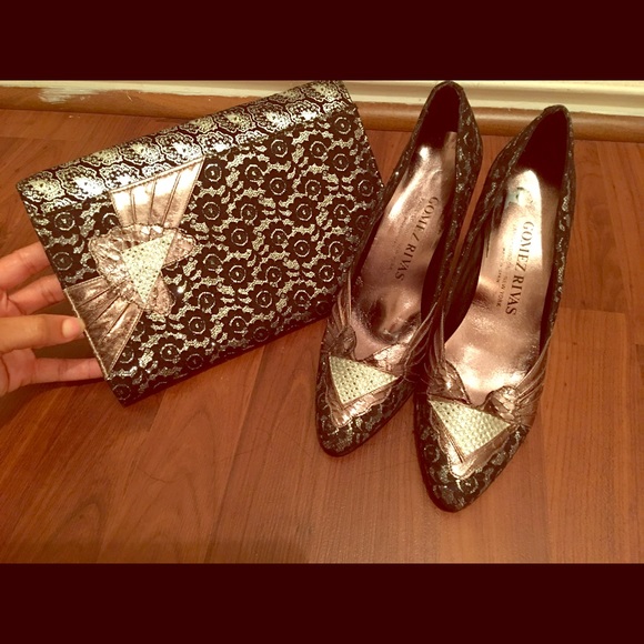 Black and silver detailed shoes with matching bag