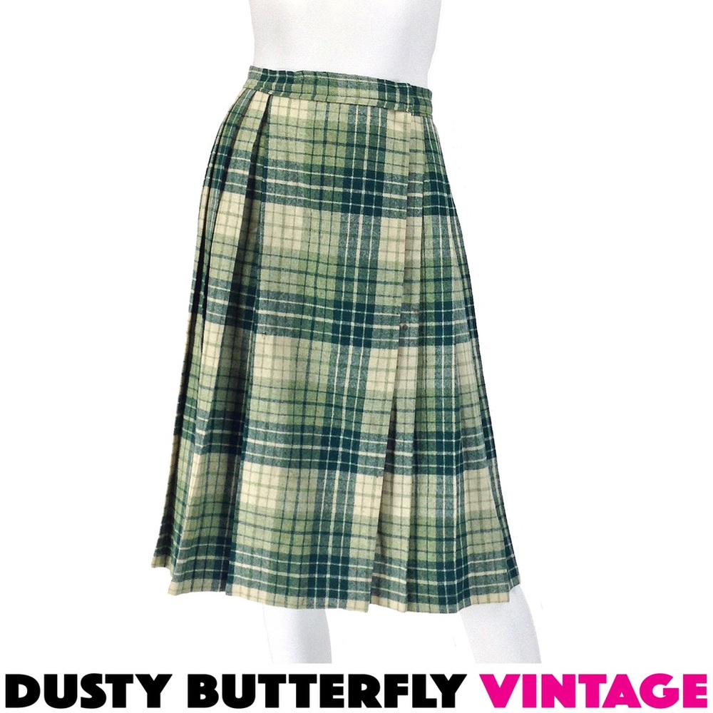 [SOLD]VINTAGE 70s PLAID SKIRT Wrap CHECK WOOL KILT