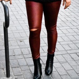 Red leather split knee leggings