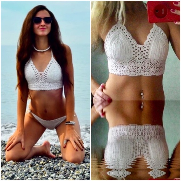 Sexy Crotchet Bikini Top Halter Crop Black/ White - Picture 2 of 8