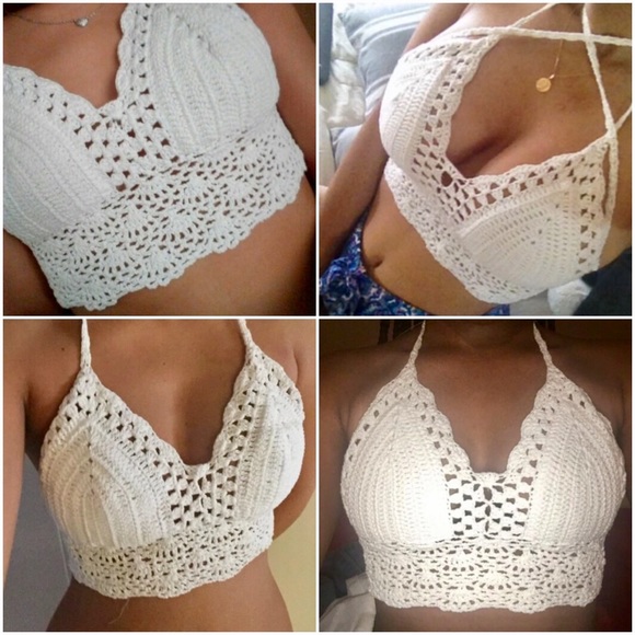 Sexy Crotchet Bikini Top Halter Crop Black/ White - Picture 4 of 8