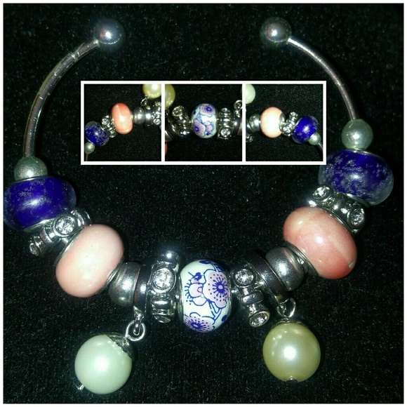 Cobalt & Coral Murano bead charm cuff bracelet