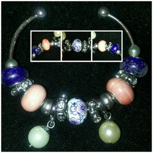 Cobalt & Coral Murano bead charm cuff bracelet