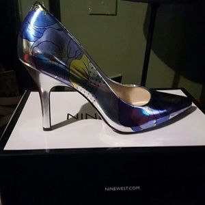 NEVER WORN SILVER blue neon yellow 3 inch heels