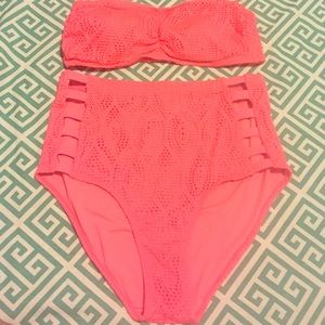 2 piece coral high waisted bathing suit