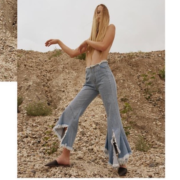 Super flared denim jeans mid rise frayed wide legs - Picture 4 of 5