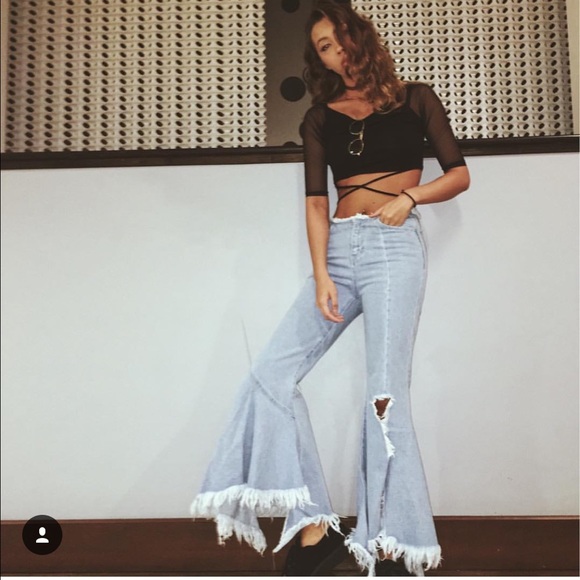 Super flared denim jeans mid rise frayed wide legs - Picture 3 of 5