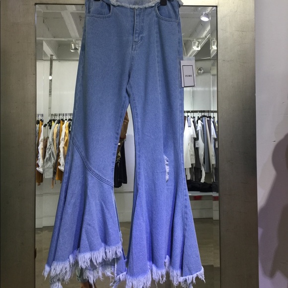 Super flared denim jeans mid rise frayed wide legs - Picture 5 of 5