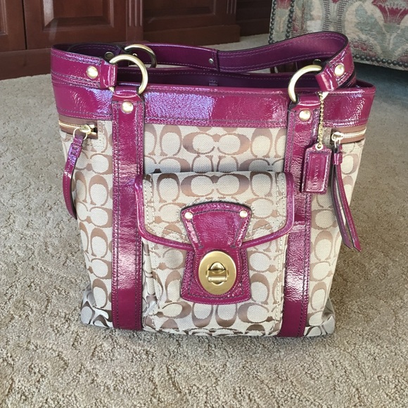 Coach handbag- tan with purple leather.