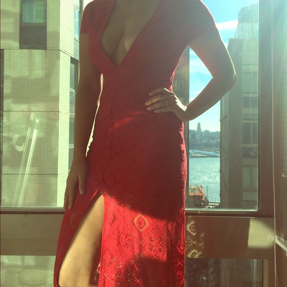 Lace high slit low cut maxi dress