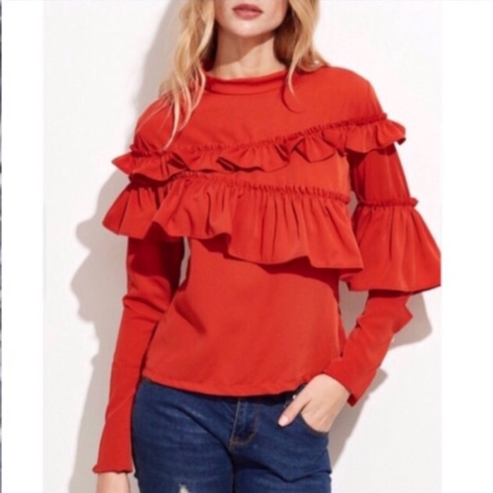 New| ORANGE SLIT SLEEVE RUFFLE TOP - Picture 1 of 3