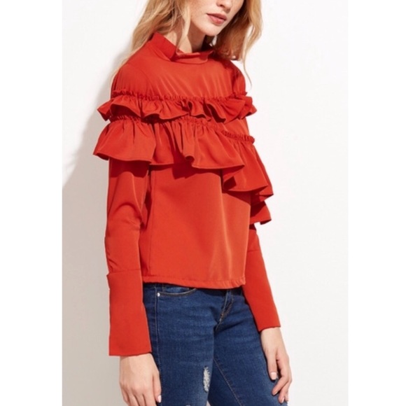 New| ORANGE SLIT SLEEVE RUFFLE TOP - Picture 2 of 3