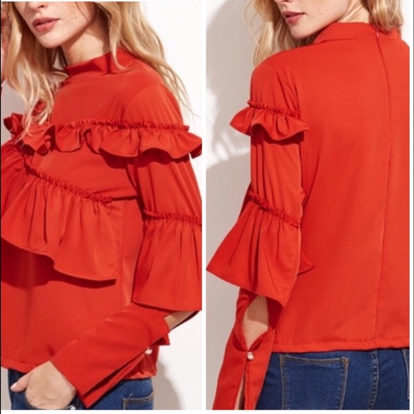 New| ORANGE SLIT SLEEVE RUFFLE TOP - Picture 3 of 3