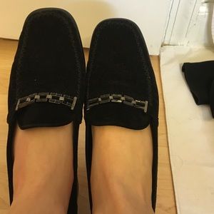 Black suede Stuart Weitzman loafers with heel
