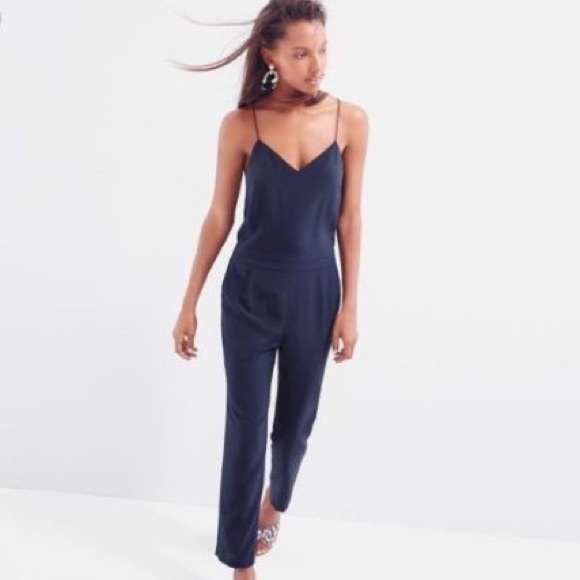 J Crew Navy silk strappy jumpsuit romper pockets.