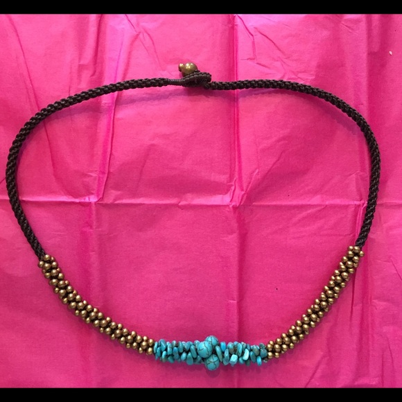 Turquoise and gold beaded rope choker
