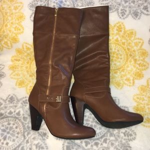 cognac brown knee-high boots with zipper detail